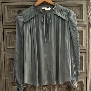 NWOT Reiss Satin Like Pleated Flow V-neck Long Sleeve Blouse Teal Blue Sz 2